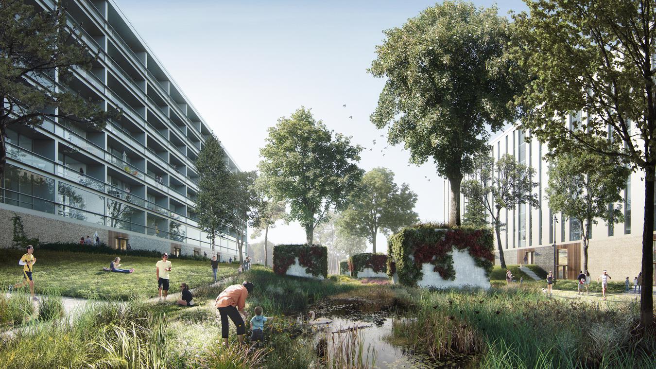 Apartment blocks with green areas and activity. Illustration