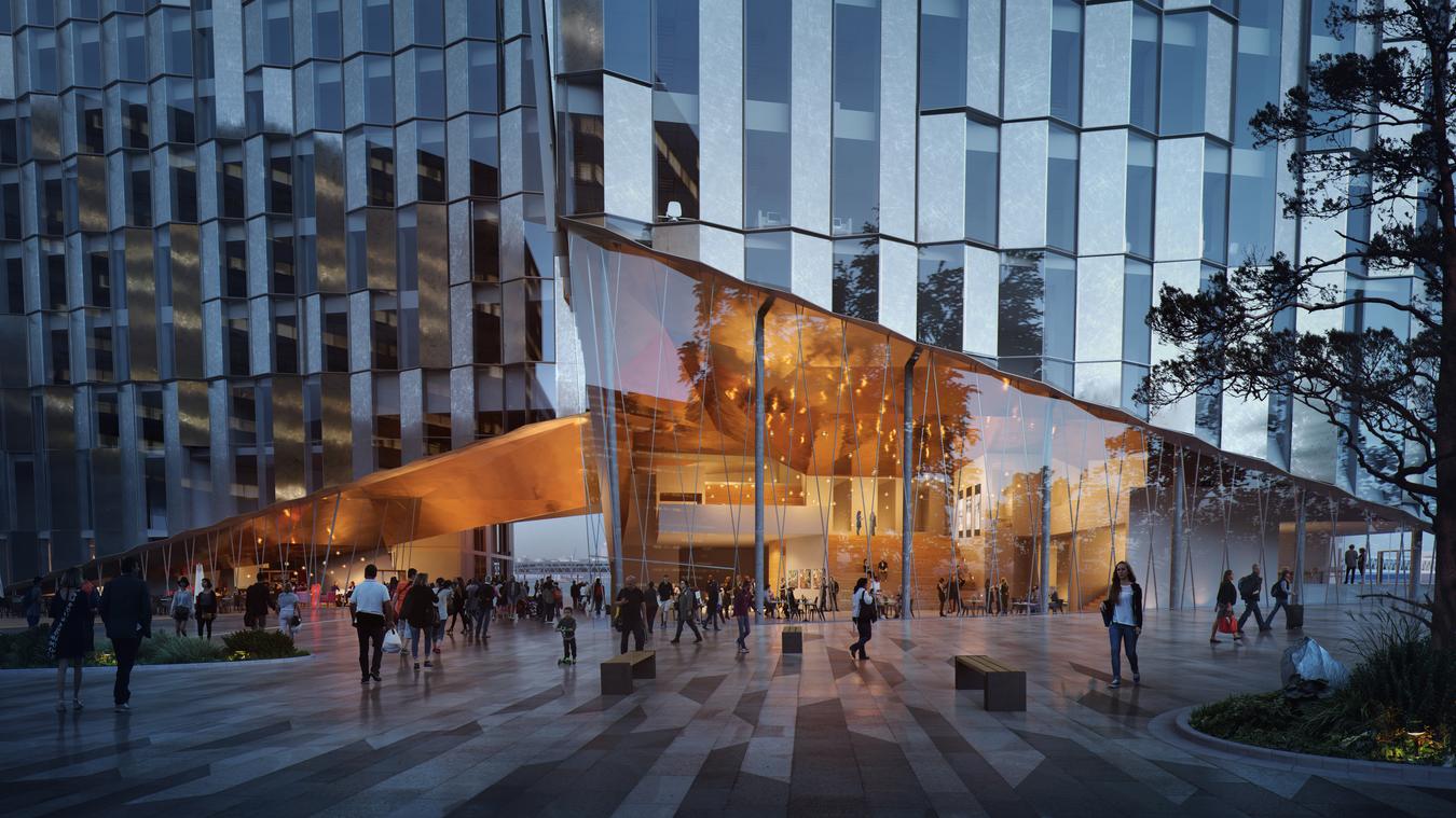 Facade with large glass surfaces that open towards the urban space. Illustration