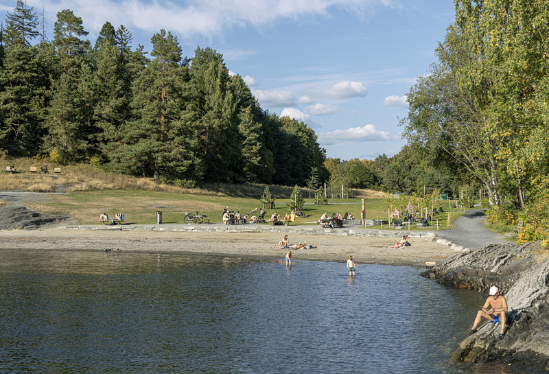 Badebukt på en varm sommerdag. Strand med grønn skog bak. Badende og solende folk. Foto