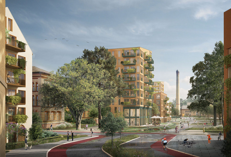 illustration of the area including tall buildings and walk path 