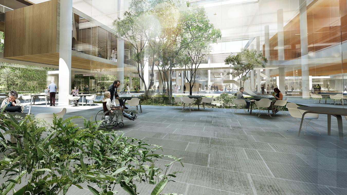Indoor atrium with trees and seating areas in front. Illustration