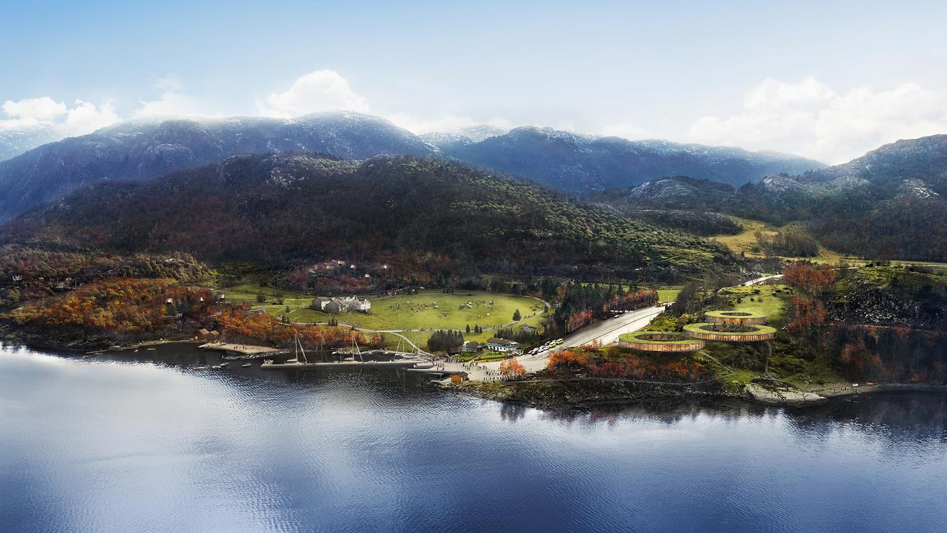 Oversikt over fjord og fjell. Turistdestinasjonen integrert i landskapet. Illustrasjon