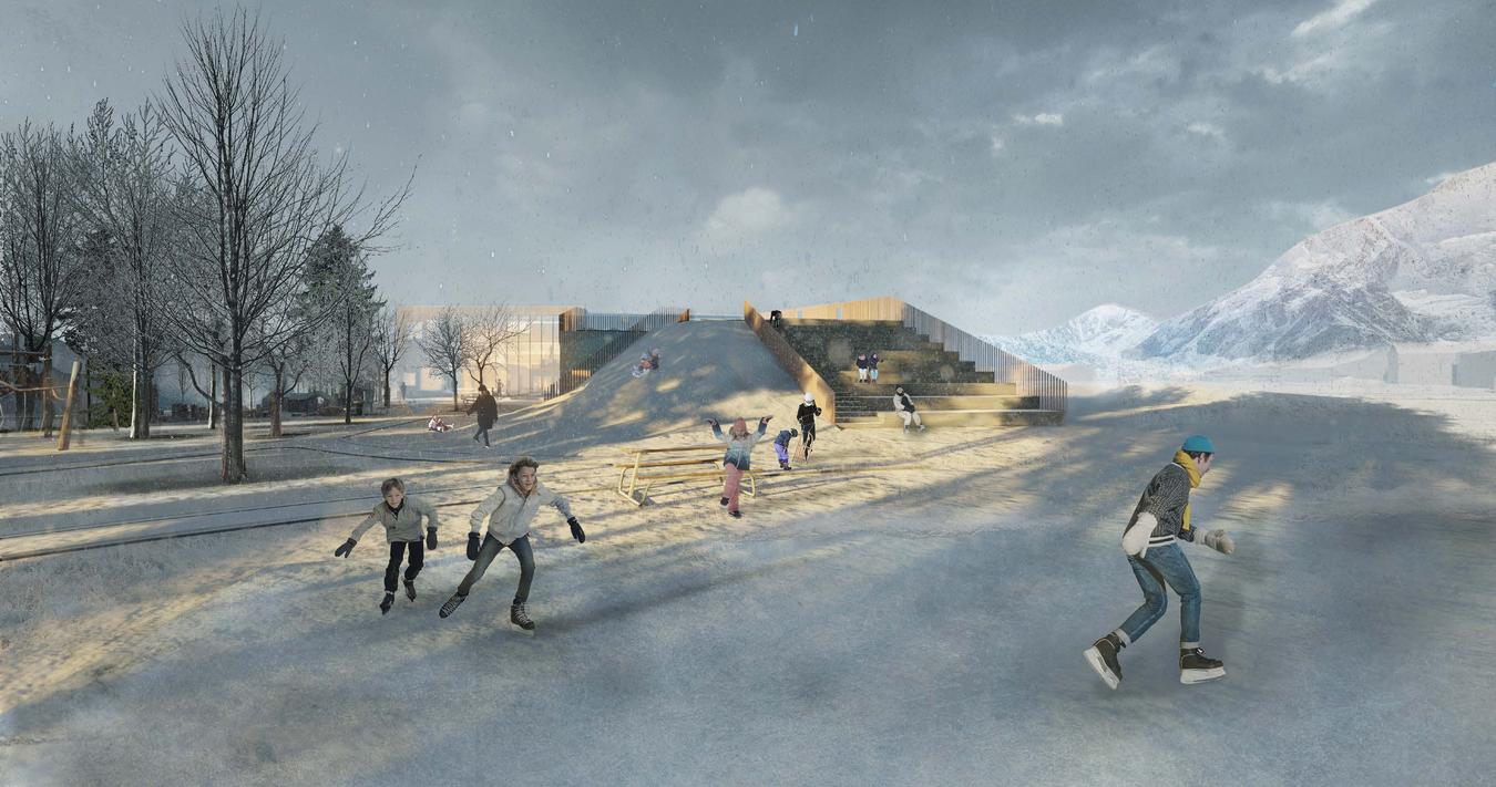 Flakstad skole terrengoppbygging. Illustrasjon: LINK Arkitektur.