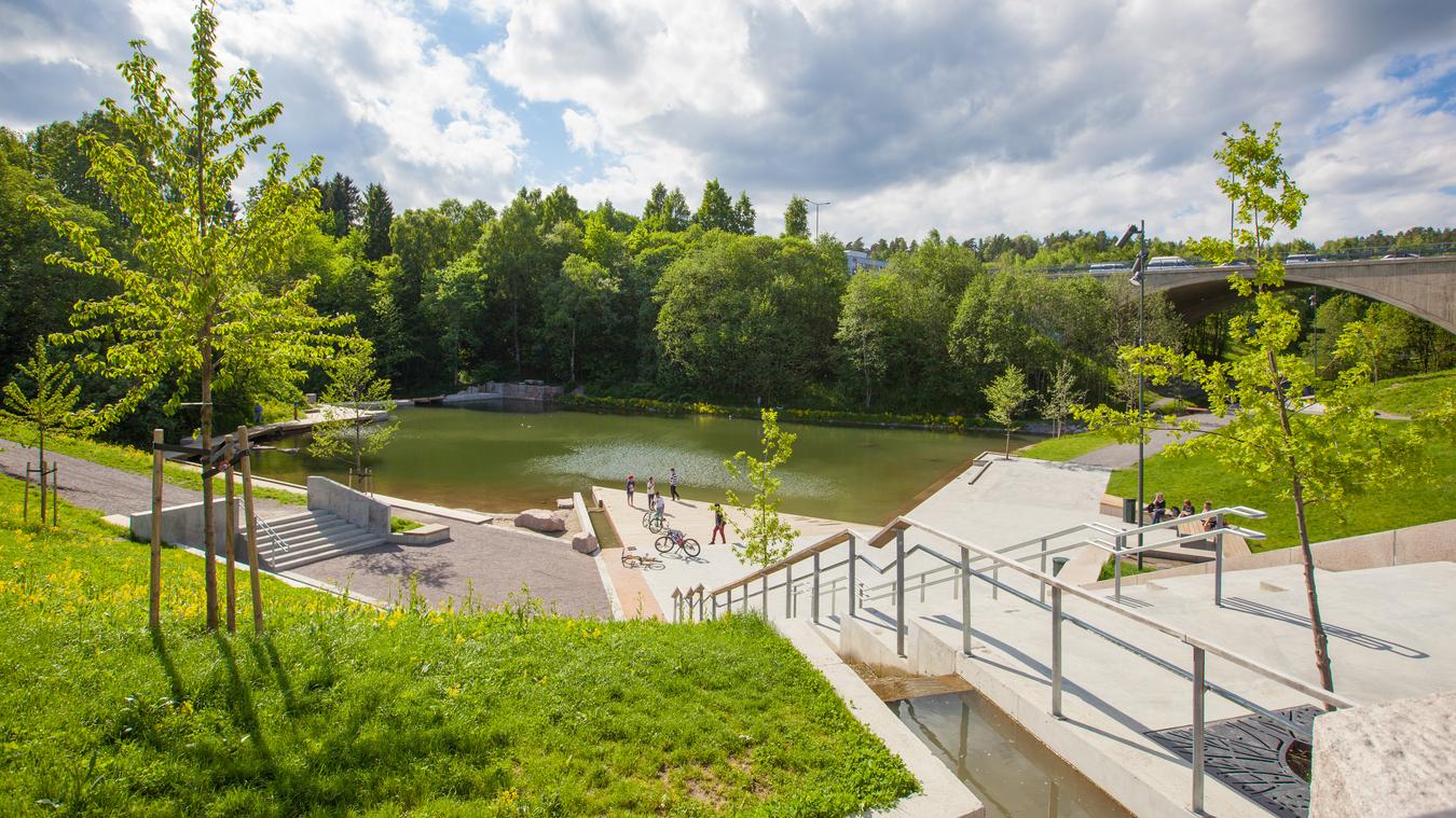 grønn park med elveløp