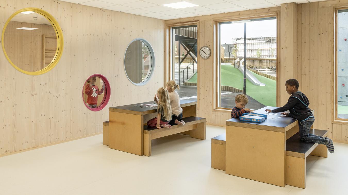 Activity room in wood and colorful details. Photo