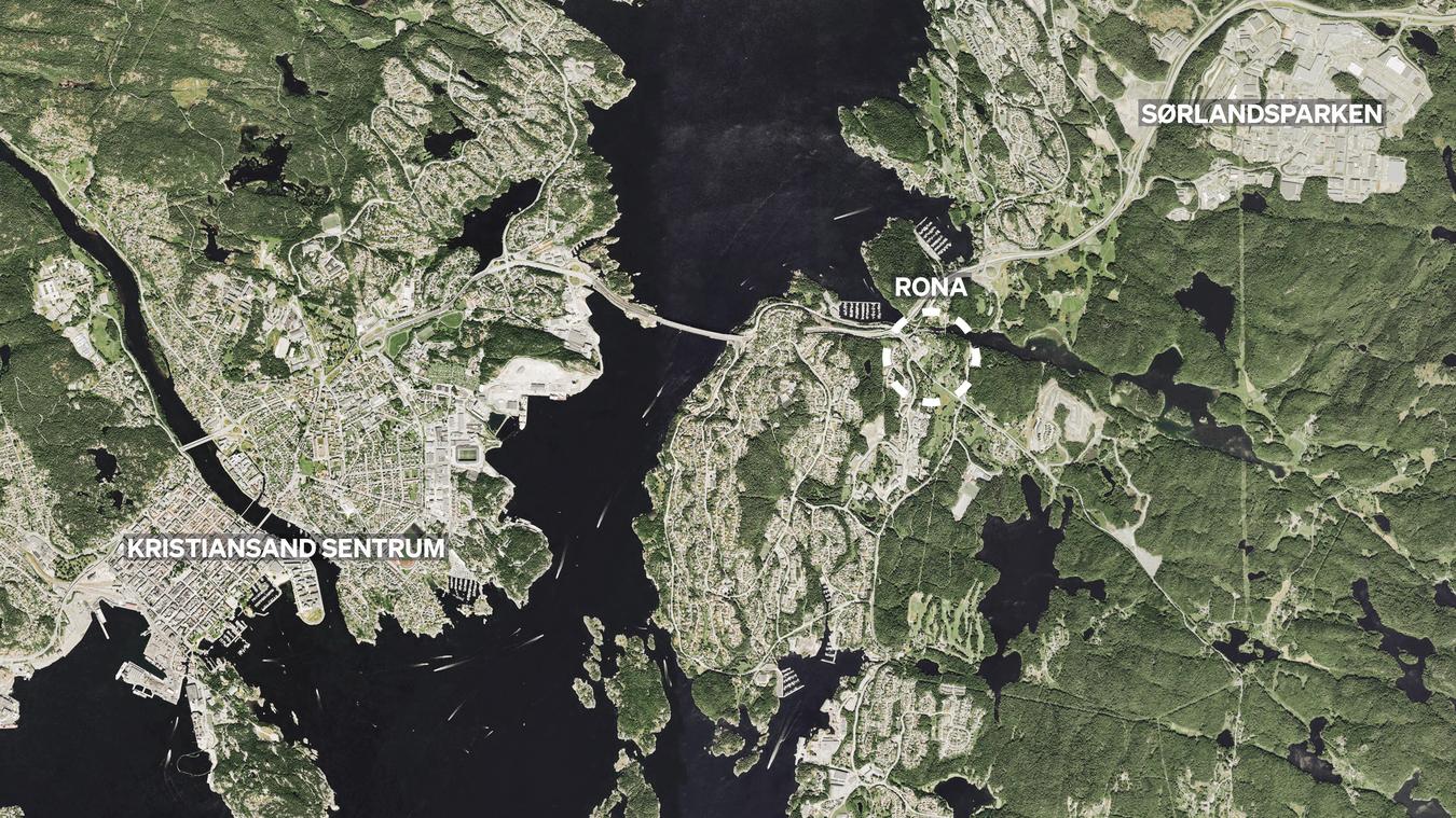Satelittbilde som viser Ronas beliggenhet ifht Kristiansand. Satelittbilde 