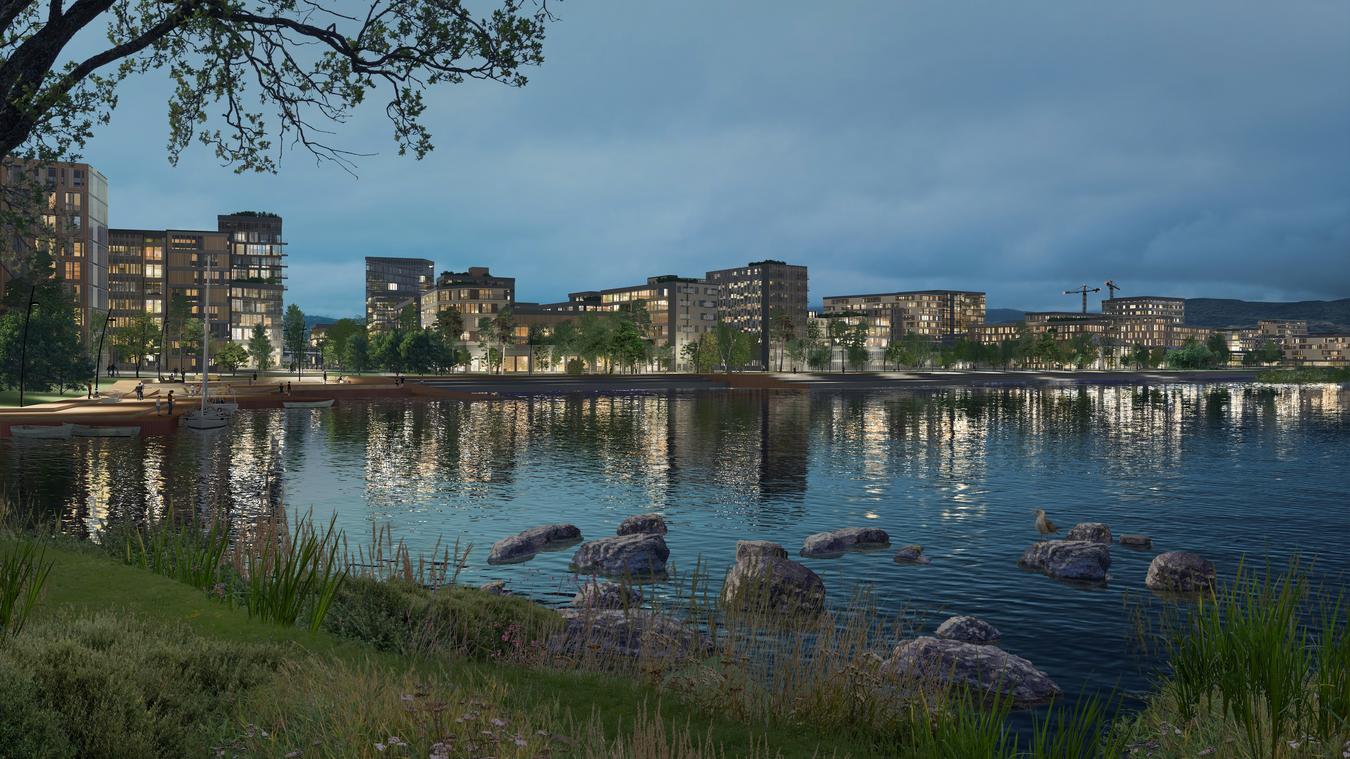 Utsikt från vattnet mot bostadsområdet, på kvällstid. Illustration