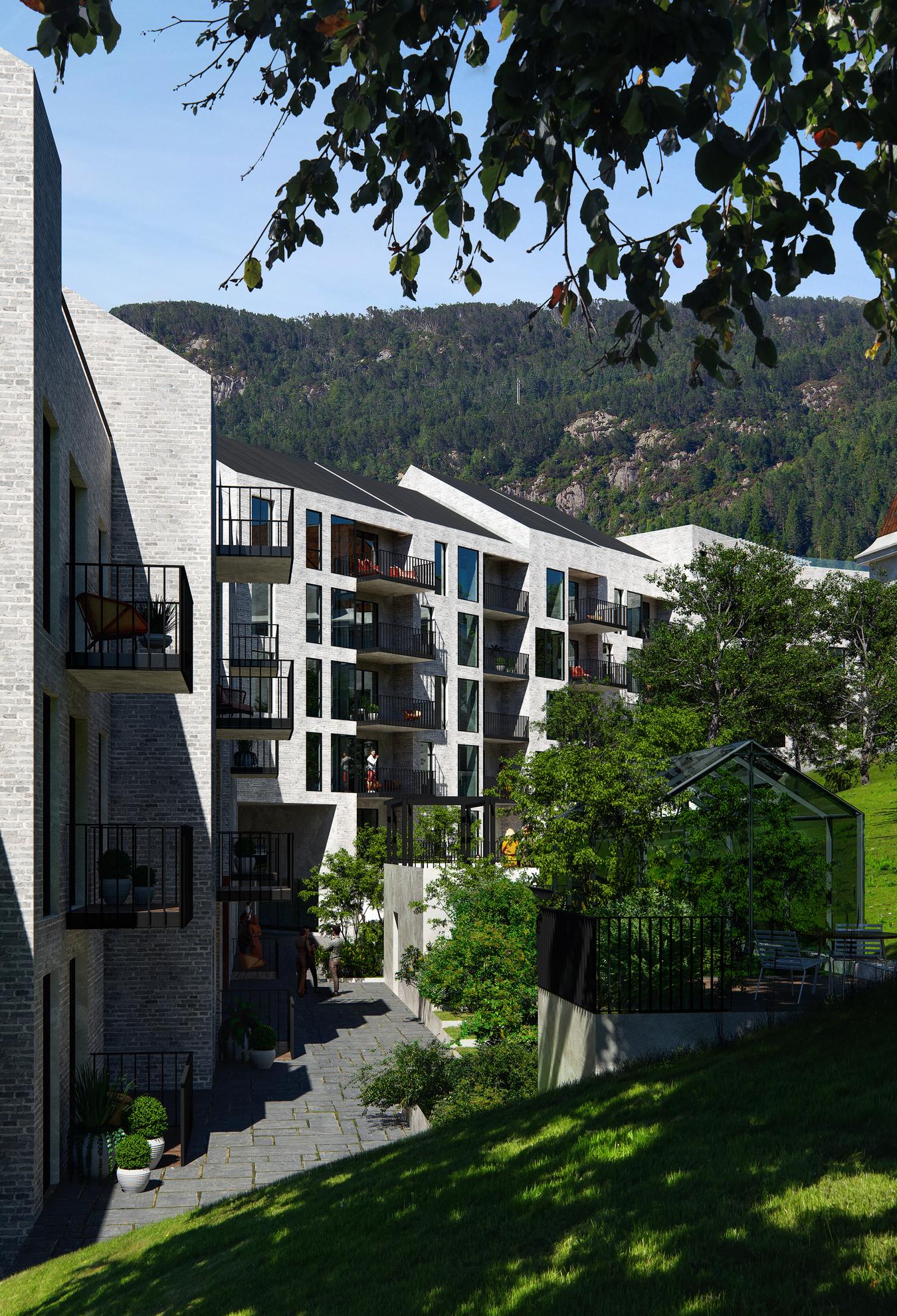Grå mursteinsfasade med balkonger. Grønt utendørsområde med drivhus og trær. Illustrasjon 