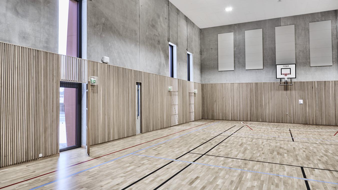 Interiør, gymsal med vegger i tre og betong. Foto