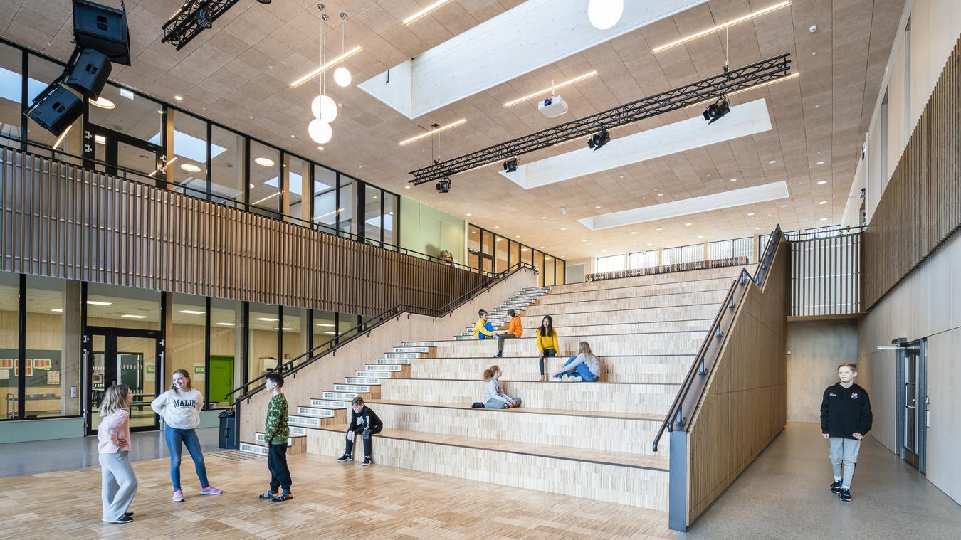 Meeting point with amphi-stairs, interior and exposed solid wood. Photo