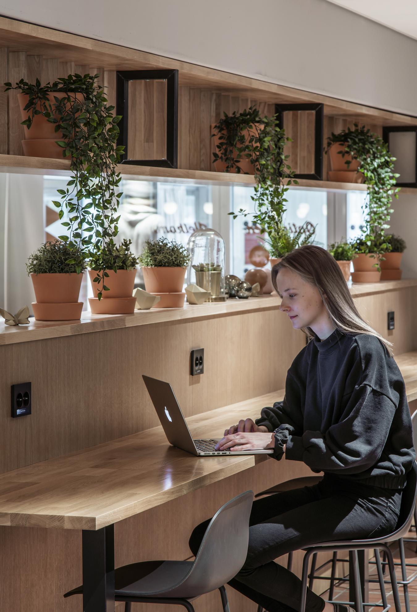 Person, der arbejder på pc i kantineområdet. Foto