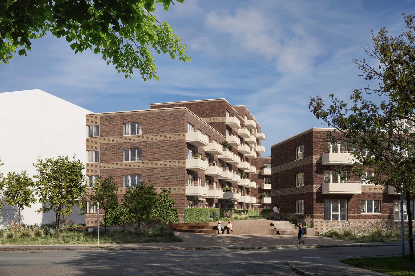 Hjøernet av boligkvartal i tegl med balkonger i lys farge. Lavblokker mellom fire og syv etasjer. Trappeadkomst fra veien opp mot indre gårdsrom mellom blokkene. Mennesker og trær i forgrunn. Illustrasjon 